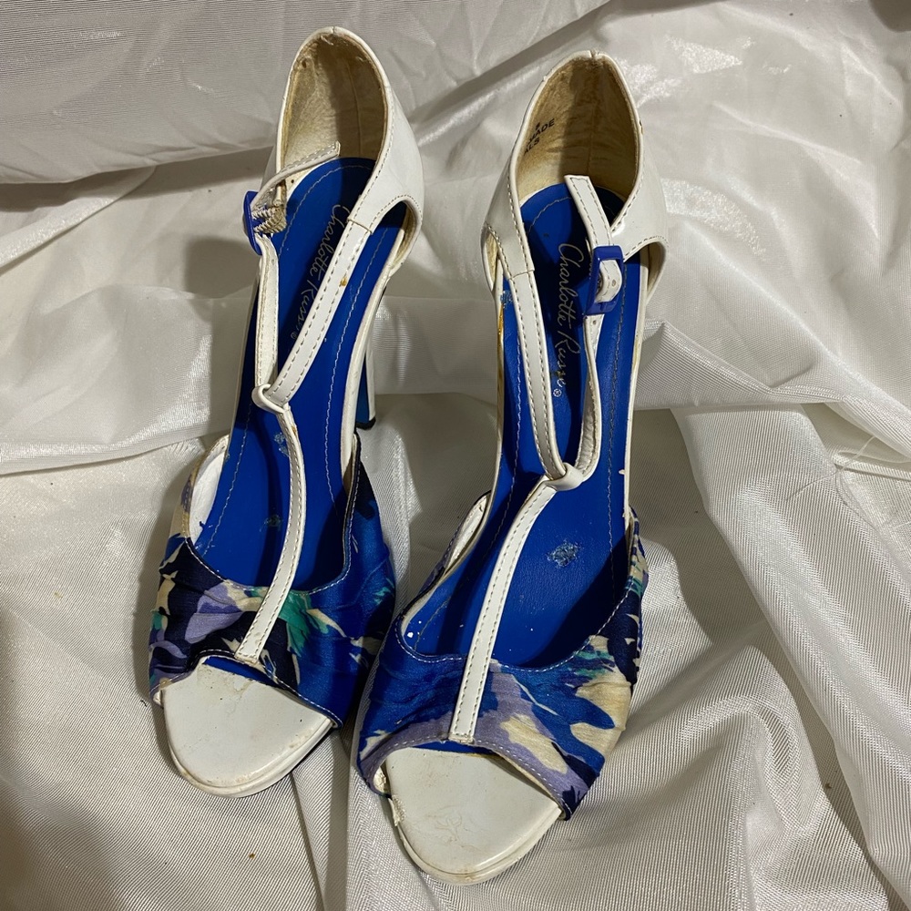 White, Blue & Green Sandals w/ 4” Heels by Charlotte Russe, sz 8